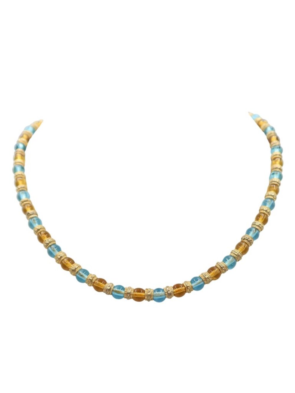 Handmade Blue & Yellow Glass Beaded & Gold Tone Choker Necklace 16.5" Classic